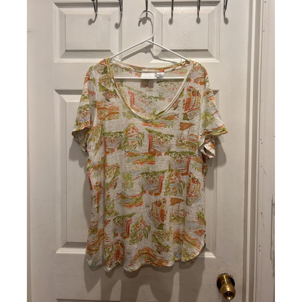 Cynthia Rowley 100% Linen V-Neck Short Sleeve Coastal Scenic Print Top Womens 1X